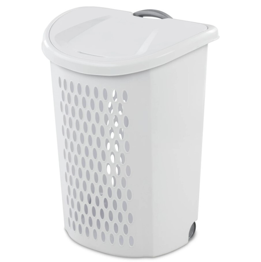 Rectangle Large Wheeled Hamper Plastic Adult with Lid & Retractable Handle White
