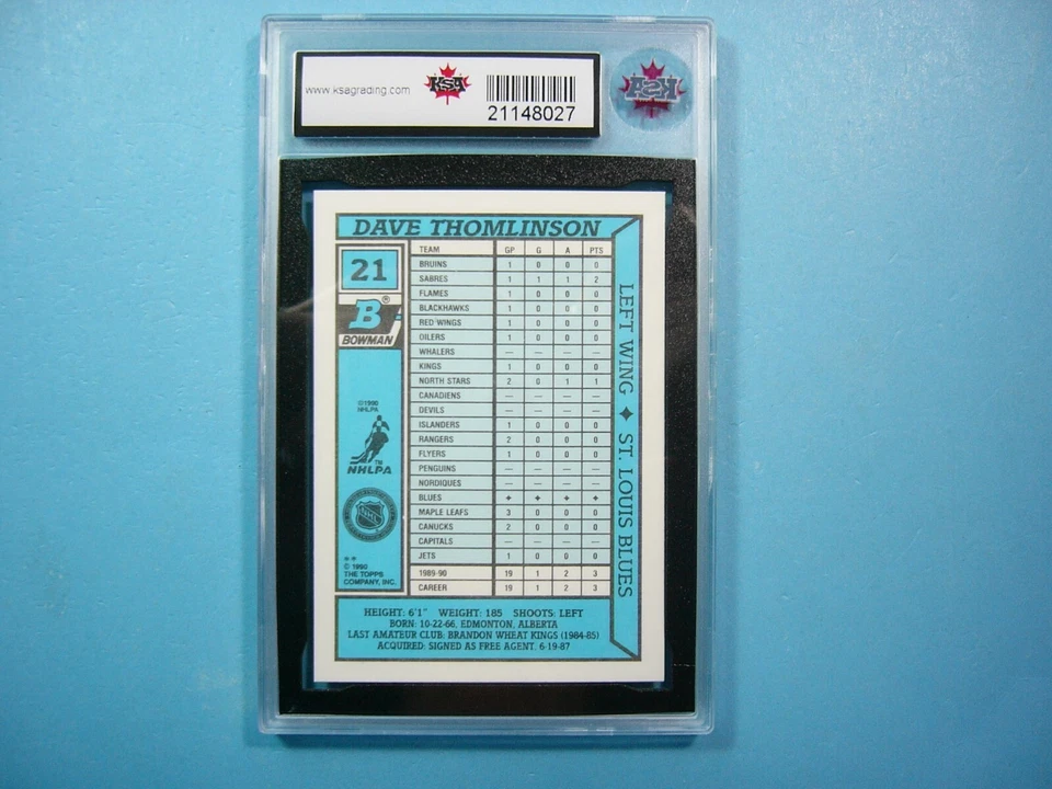 1990/91 BOWMAN TIFFANY NHL HOCKEY CARD #21 DAVE TOMLINSON ROOKIE RC KSA 9.5 NGM - Image 2 of 2