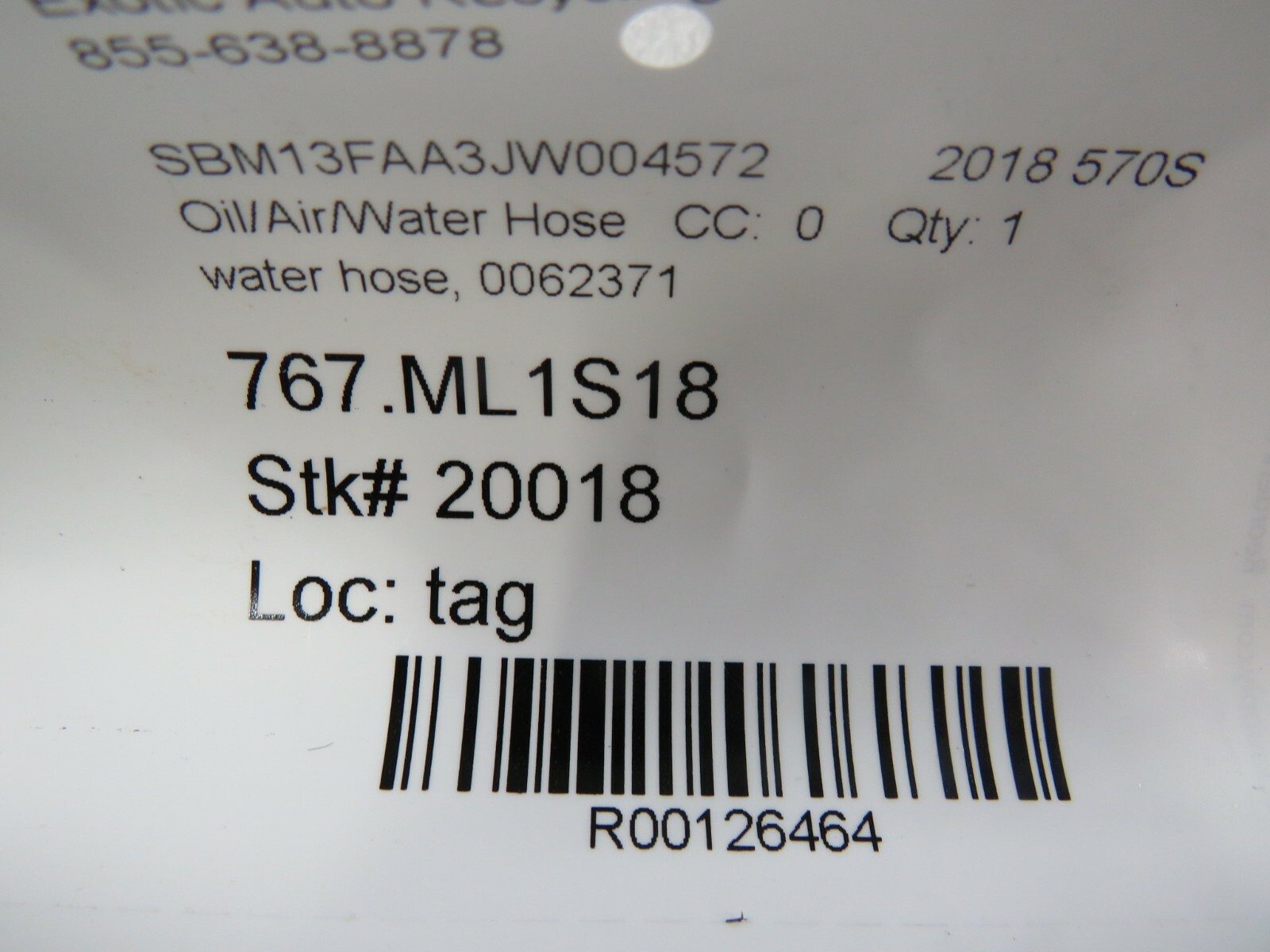 McLaren 570S, Water Hose, Used, P/N 0062371