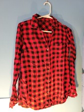 Womens Long Sleeve Button Up Red Plaid Flannel Shirt Size S