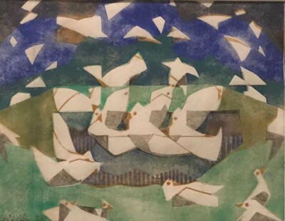 Pigeon Bath Claude Flight 1934 Linocut Print Vorticist Modernist Birds Art
