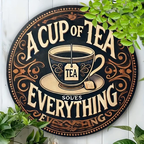 Vintage 'A Cup of Tea Solves Everything' Round Tin Metal Signs Home Décor 8x8 in