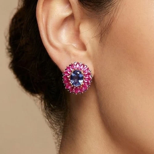 925 Sterling Silver Rose Gold Earrings Radiant Color Change Alexandrite Oval 7Ct