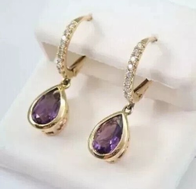Amethyst-Ohrhänger Ohrhänger Birnenschliff 2,0 kt Laborgefertigt 14 K Gelbgold vergoldet