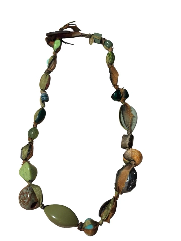 Collar de cuentas gruesas Teresa Goodall verde marrón declaración botón cinta 18" Foto 2 de 4