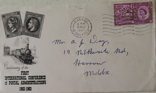 1963 FIRST DAY COVER PARIS POSTAL CONFERENCE CENTENARY HARROW MIDDLESEX