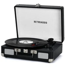 Vinyl Record Player 3-Speed Bluetooth Portable Suitcase Belt-Driven Black