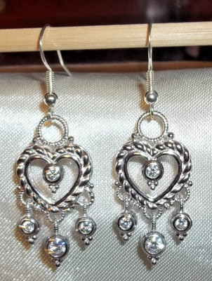Gorgeous BRIGHTON Sterling Silver 925 Earrings Heart with Pendant Crystals 2''