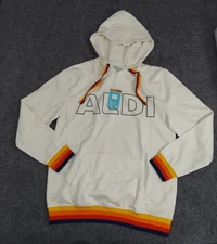 Aldi Gear Sweatshirt Hoodie Medium White Rainbow Spellout Soft Hood Pullover
