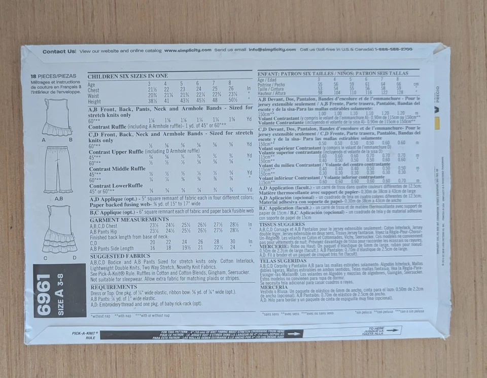 New Look 6961 Girls Top Capri Pants Ruffles Pattern Size 3-8 Uncut - Image 2 of 2