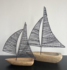 Nautical Wood Sailboat Decor Set Metal Sails Coastal Beach House 17.5”