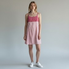 Vintage 90s /Y2K Grunge Coquette Mini Dress S Pink Plaid Calico Cotton Girly