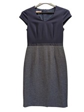 Hobbs 8 Navy Blue Grey Geometric Texture Woven Work Business Sheath Dress Tunic