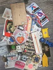 Junk drawer lot vintage Tins, Postcards, Toys Misc Finds Collectors Crafters Mix