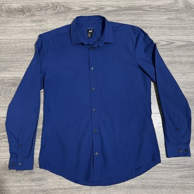 H&M Easy Iron Men's Button Down Shirt Royal Blue Long Sleeve Size Large