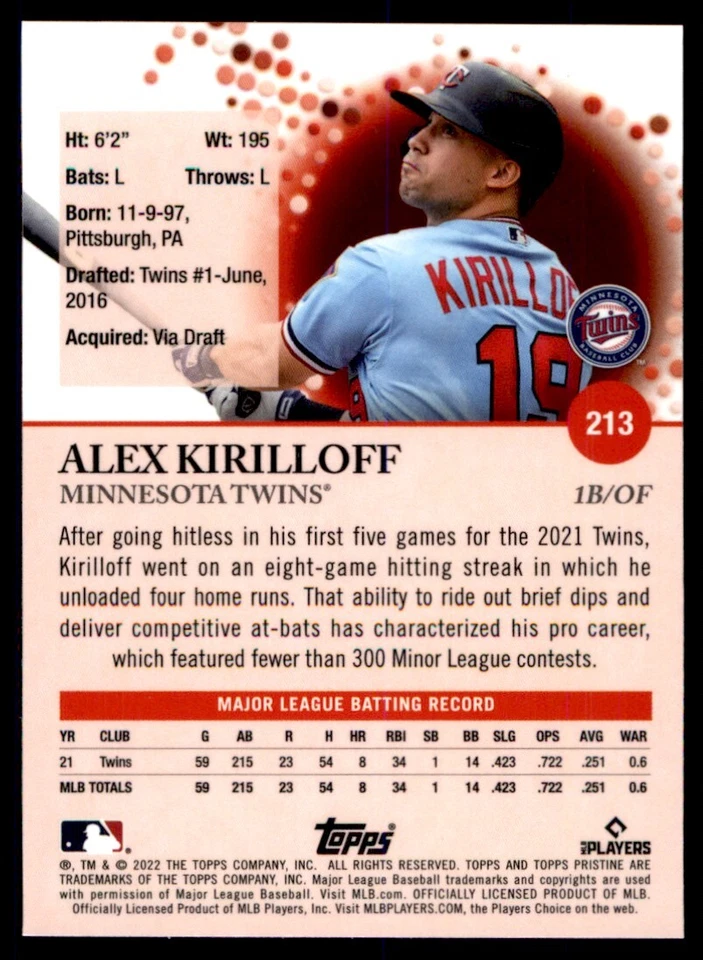 2022 Topps Pristine Alex Kirilloff Minnesota Twins #213 - Image 2 of 2