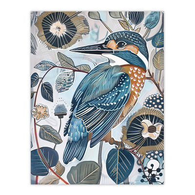 Kingfisher Bird Wildflowers Artwork Blue Floral Wall Art Poster Print