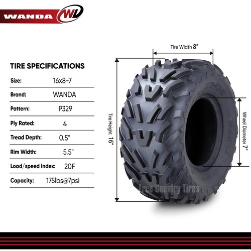 SET 2 WANDA GO KART ATV TIRES 16×8-7 16X8X7 4PR - Picture 5 of 7