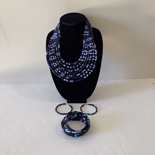 Blue Multicolor African Print Ankara Layered Necklace, Earring, and Bracelet Set - Picture 3 of 3