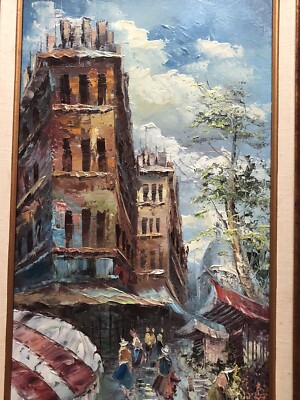 Vtg Artist signed W Engel Original Oil Painting CITYSCAPE
