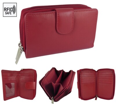 Womens Double Zip-around Coin Purse, Real Leather, 16 Cards, RFID