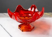 VIKING GLASS Persimmon Amberina 6 Petal Compote Bowl Hexagon Base EUC