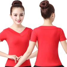 Ladies Dancing Top Shirt Short Sleeve V Neck Solid Ballroom Dancewear Training