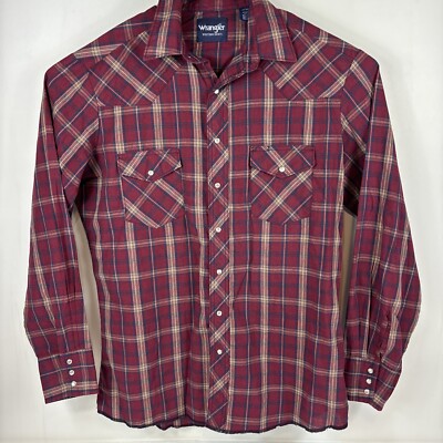 Wrangler Shirt Mens LT Red/tan Plaid Pearl Snap Flannel Western Long Sleeve