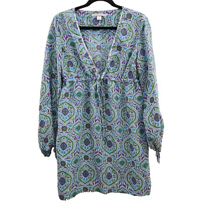 Victorias Secret 100% Silk Mini Dress Sz M/L Sequin Trim Sky Blue Pink Tie Front