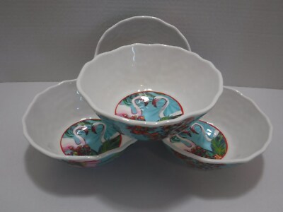 222 FIFTH Melamine 6  Desert Appetizer Bowls Blue Pink Flamingo Floral Set Of 4
