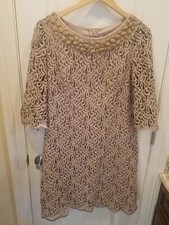 Adrianna Papell Women's Beige Beaded Feather-Cuff- Bell-Sleeve Dress Size 10