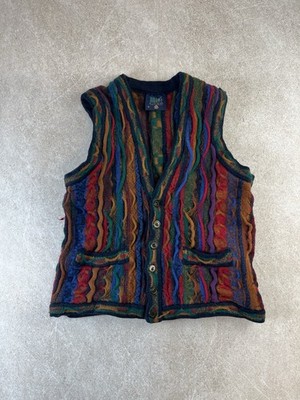 Limnos Australia 90er 3D Strick Pullover Weste V-Ausschnitt Wolle Mehrfarbig Coogi Vintage