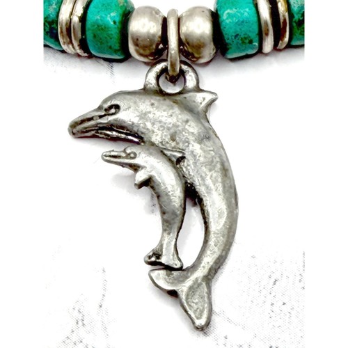 Dolphin Mama & Baby Pendant Necklace Turquoise Beads Silver Tone 16" Coastal