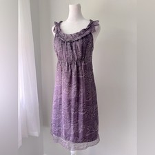 Vintage ‘90s Max Studio 100% Silk Purple Leaf Print Ruffled Sleeveless Dress