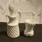 Vintage White Milk Glass Hobnail Decorative Glossy Round 2 Piece Cruet Set