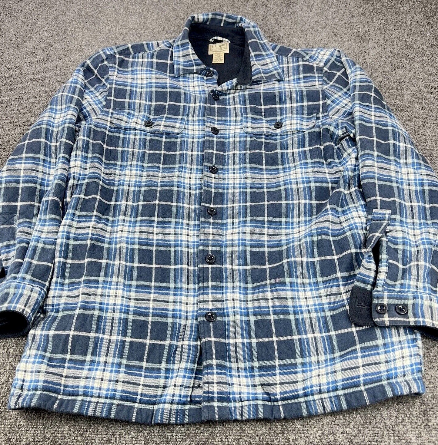LL Bean Flannel Mens Medium Blue Plaid Fleece Lined Shirt Jacket Pockets
