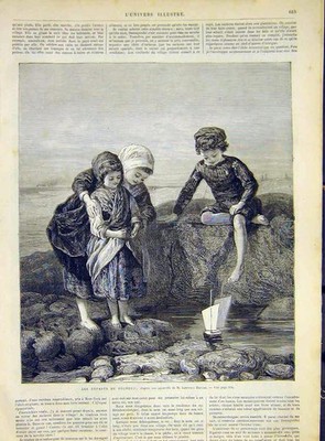 Original alter antiker Druck Kinder Angeln Fisch Boot Duncan Fine Art 1868 19.