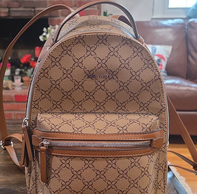 Nine West Brown/Beige Logo Print Small Backpack, Front Zip Pocket, Top Handle