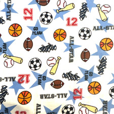 Sports Themed Soccer Baseball Football Cotton Fabric White BTHalfY 36