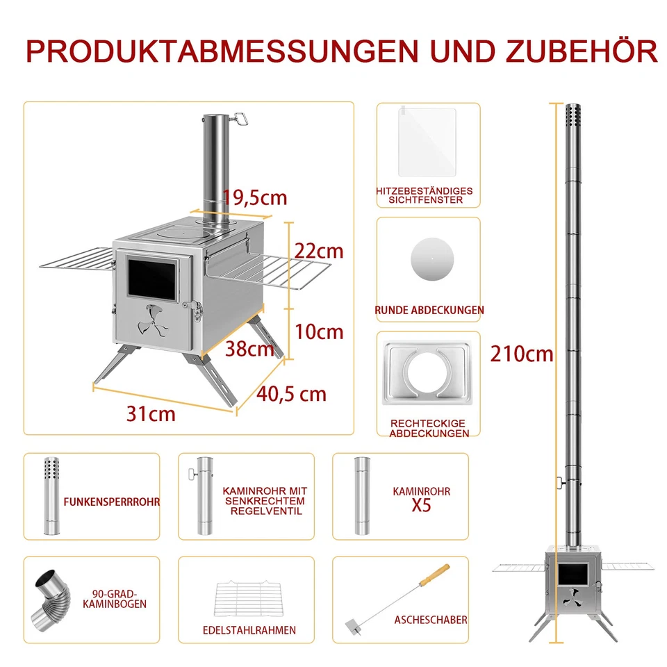 MOPHOTO Zeltofen Tragbarer Campingofen Holzofen Zeltheizung 40,5 x 31 x 210 cm - Bild 2 von 4