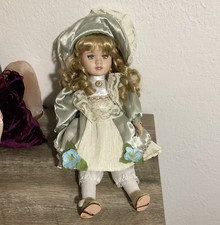 Girl Doll Light Complexion Blonde Curly Hair Satin Bonnet Lace Dress