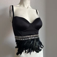 Bebe Aubrey Feather Jeweled Bustier Size S Black $98 Retail NWT