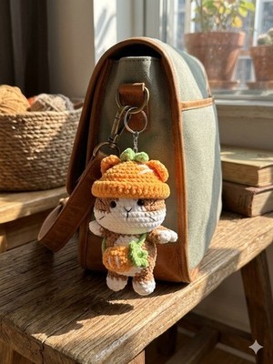 Handmade Mini Crocheted Cat Stuffed Animal with Orange Hat and Carrot