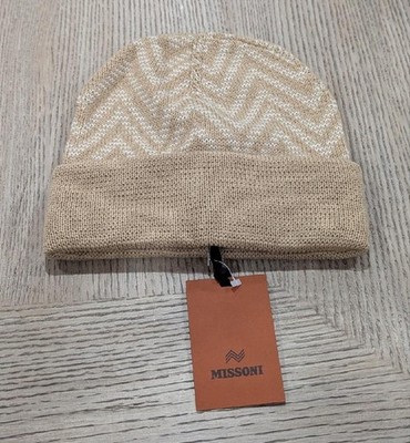 $265 Mens MISSONI Chevron Wool Blend Cuff Knit Beanie Hat Tan/Multi