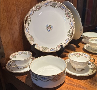 Antique Early Noritake mark#1044 Komaru Porcelain 6 Pc w/ raised Gold & Bead EUC