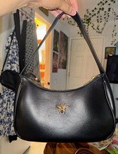 Women's Black Crescent Shoulder Bag Zip Closure Gold Hardware Inner Pockets