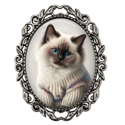 Ragdoll Cat Brooch Pin Original Art Print Antiqued Silver Bold Statement Brooch
