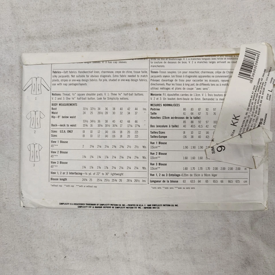 1989 Simplicity Sewing Pattern 9163 Misses' Blouse Adult Womens Size 8-14 Uncut - Image 4 of 4
