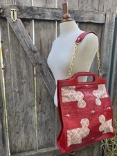 Tory Burch ❤️Thalie Red Canvas/ Patent Leather Signature Handbag Tote Rare $550