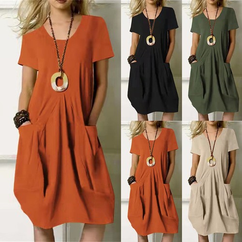 Womens Short Sleeve Solid Pocket Mini Dress Casual Loose T Shirt Dress Plus Size
